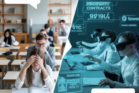 diverse students in headsets negotiating VR property deal
